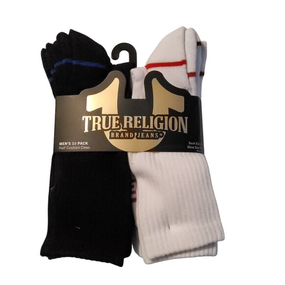 True Religion MenS Half Cushion Crew Athletic Socks 10 Pack Black White - Picture 1 of 5